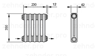 Схема (чертеж) Радиатор Zehnder Charleston 2035/5 №2670 Белый глянцевый RAL 9016